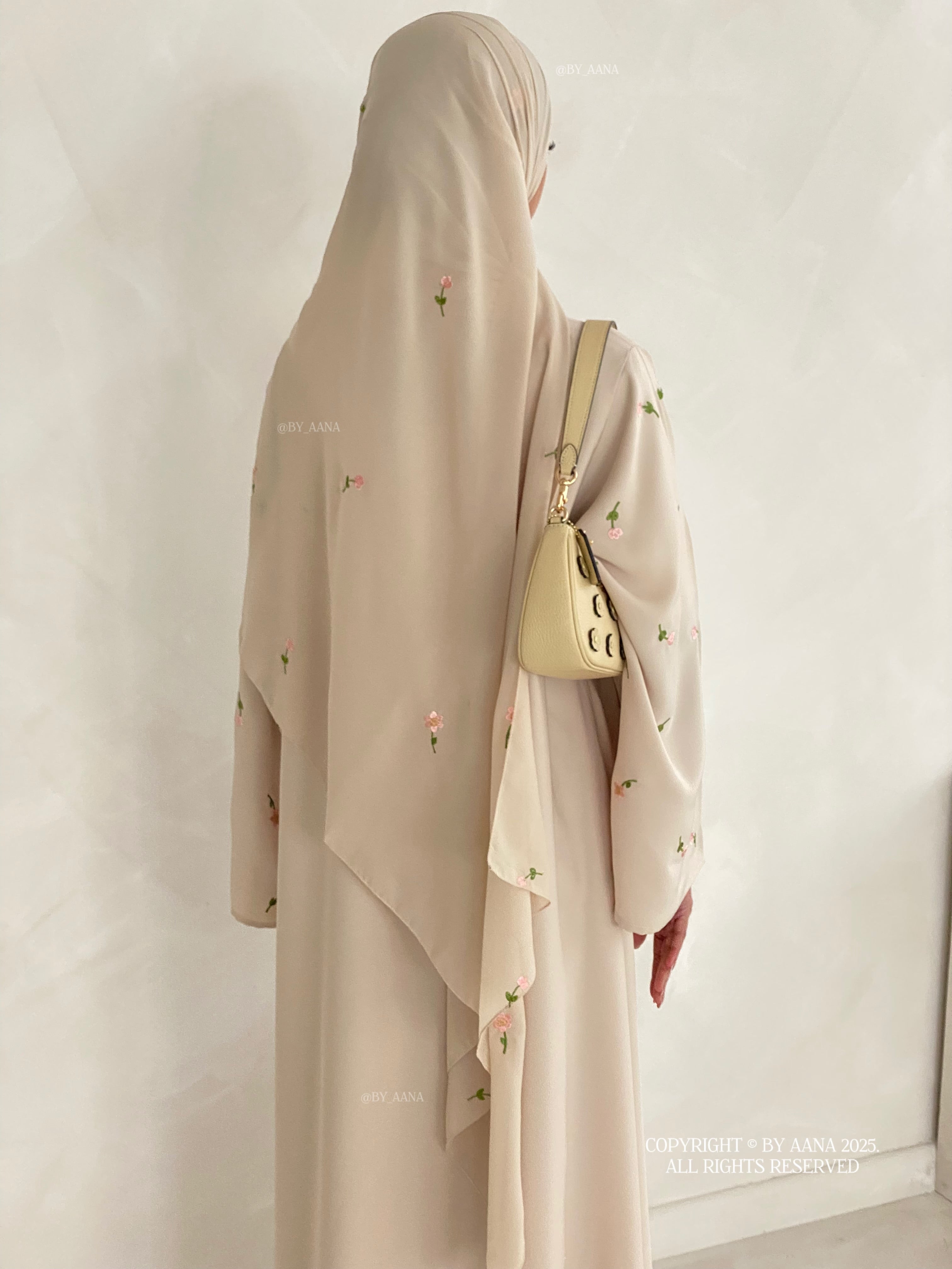 A/C Flower & Tulip Closed Abaya with Maxi Hijab- Butter Cream