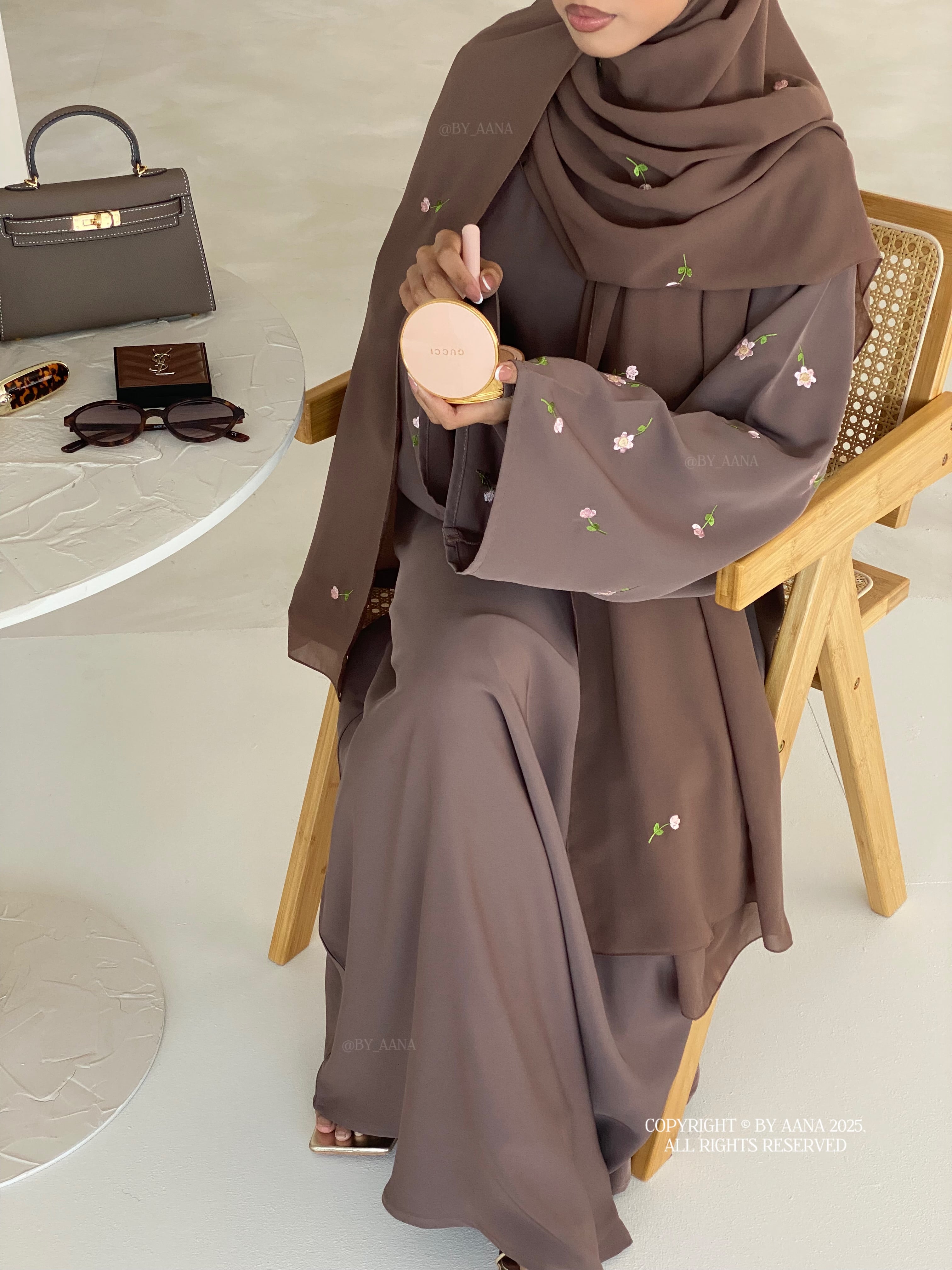 A/C Flower & Tulip Closed Abaya with Maxi Hijab- Mocha Brown