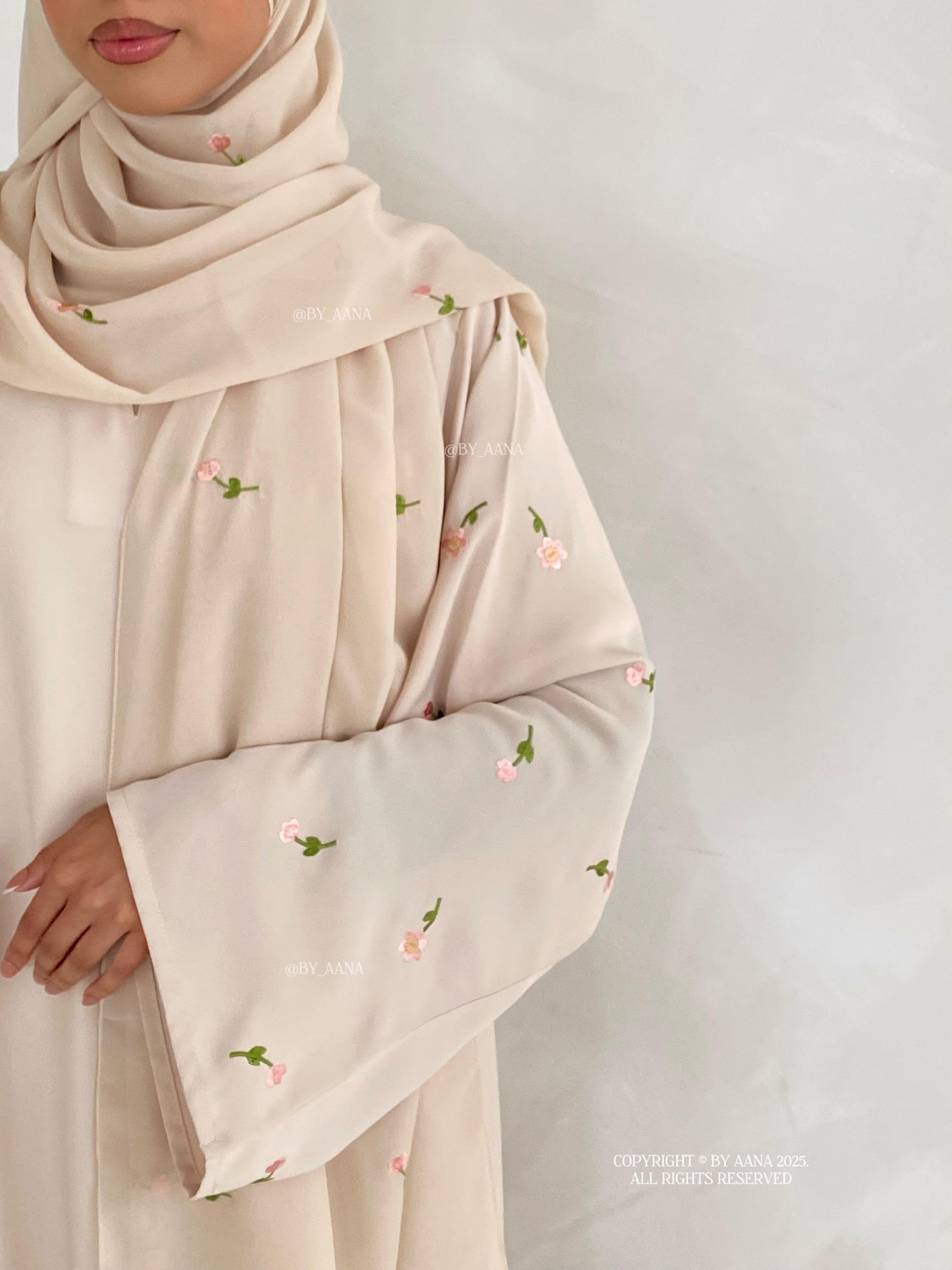 A/C Flower & Tulip Closed Abaya with Maxi Hijab- Butter Cream