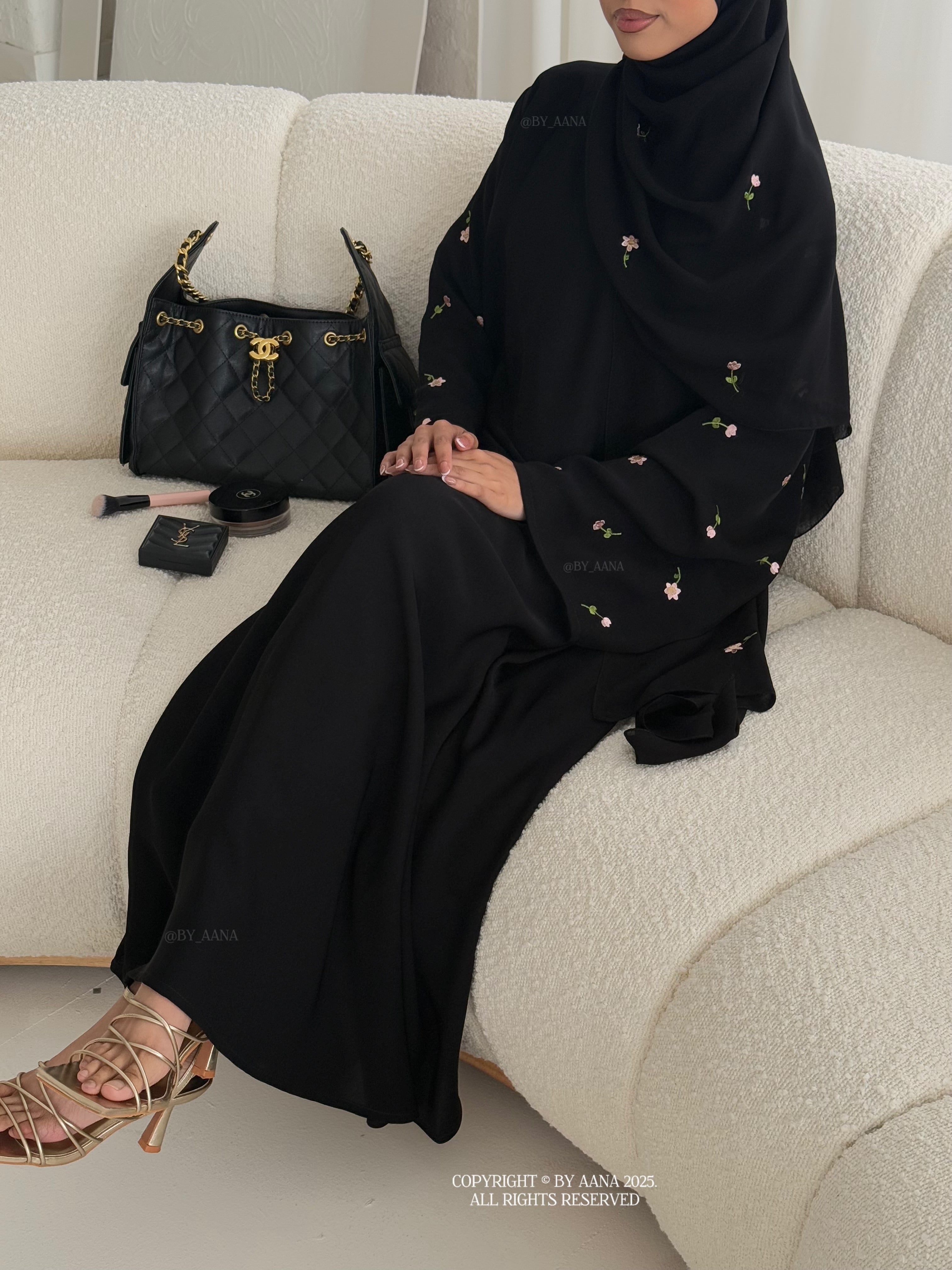 A/C Flower & Tulip Closed Abaya with Maxi Hijab- Black