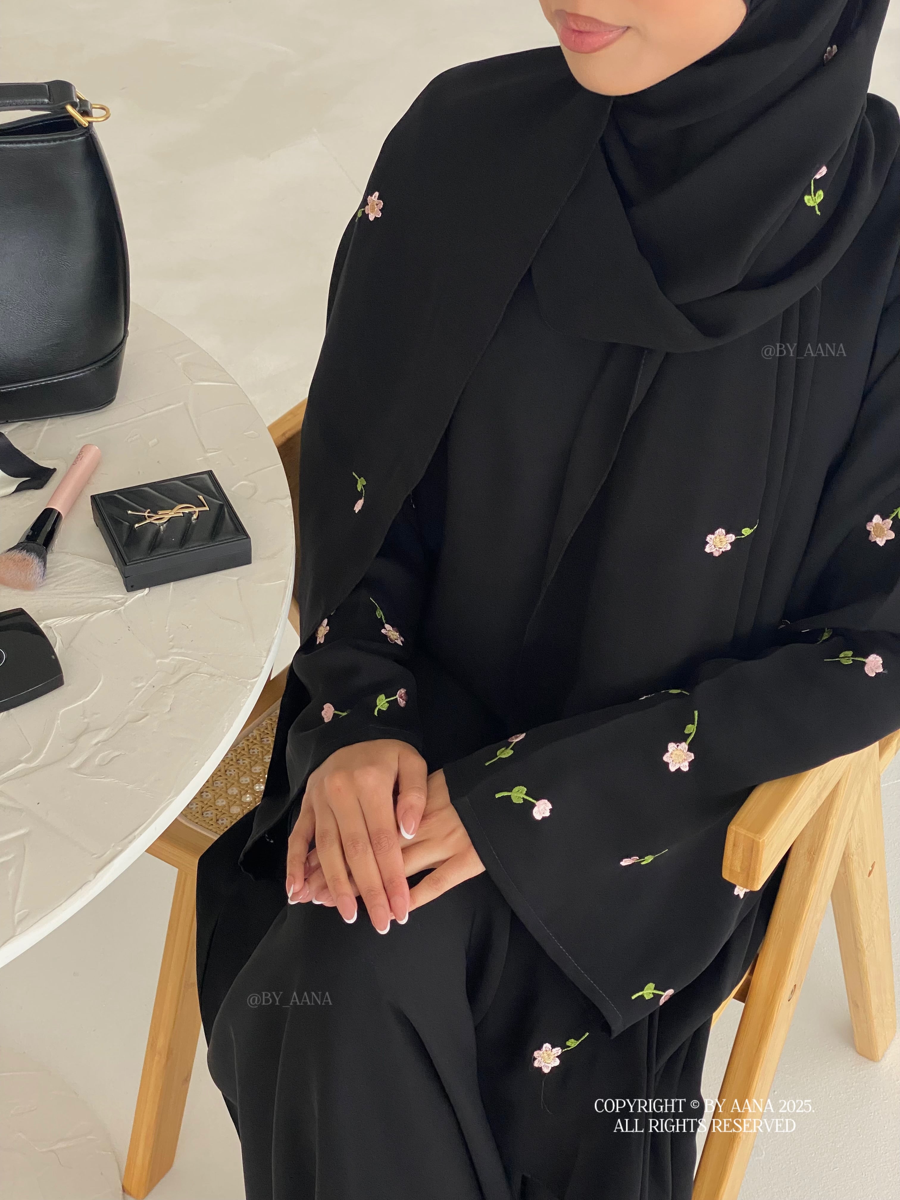 A/C Flower & Tulip Closed Abaya with Maxi Hijab- Black