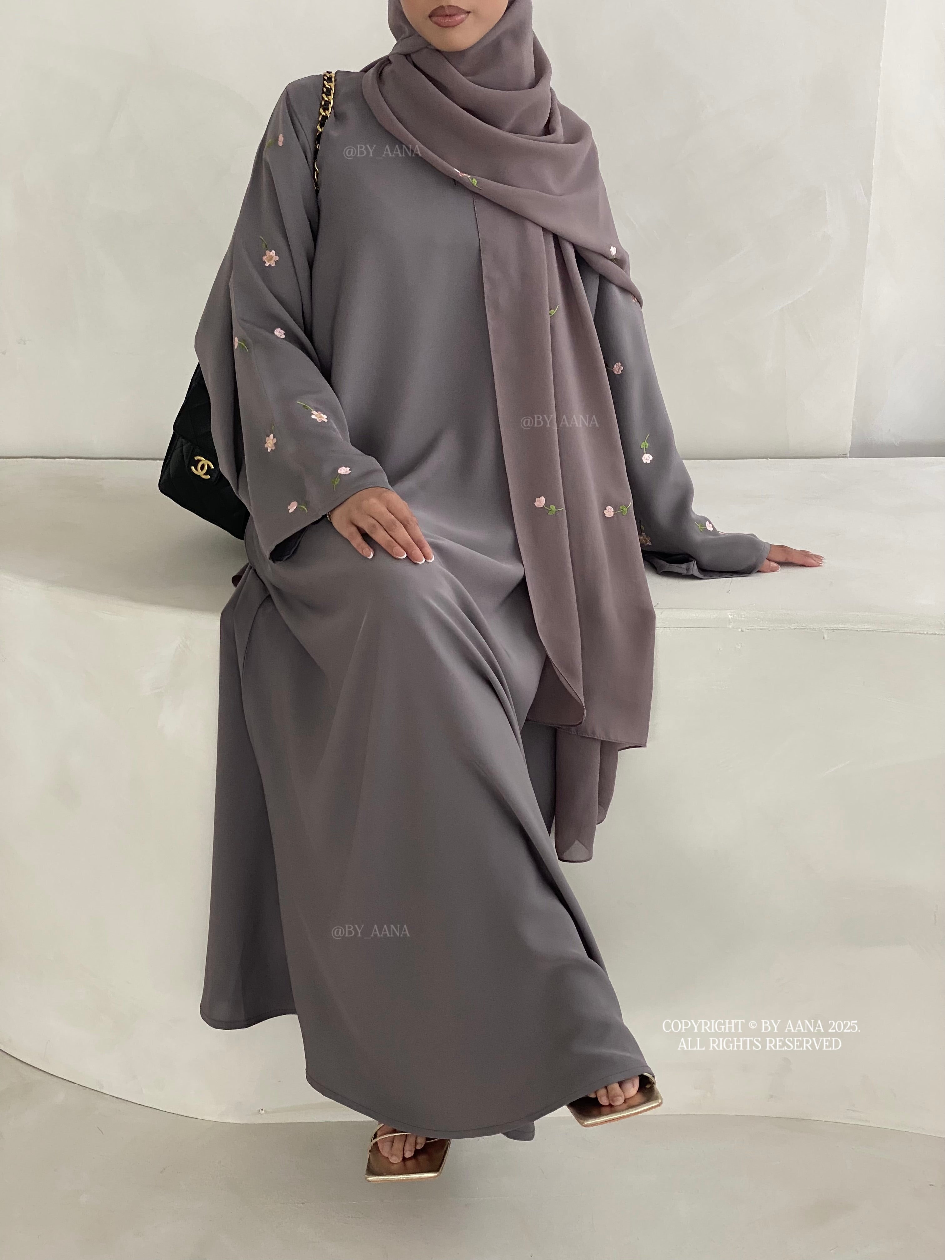 A/C Flower & Tulip Closed Abaya with Maxi Hijab- Storm Grey