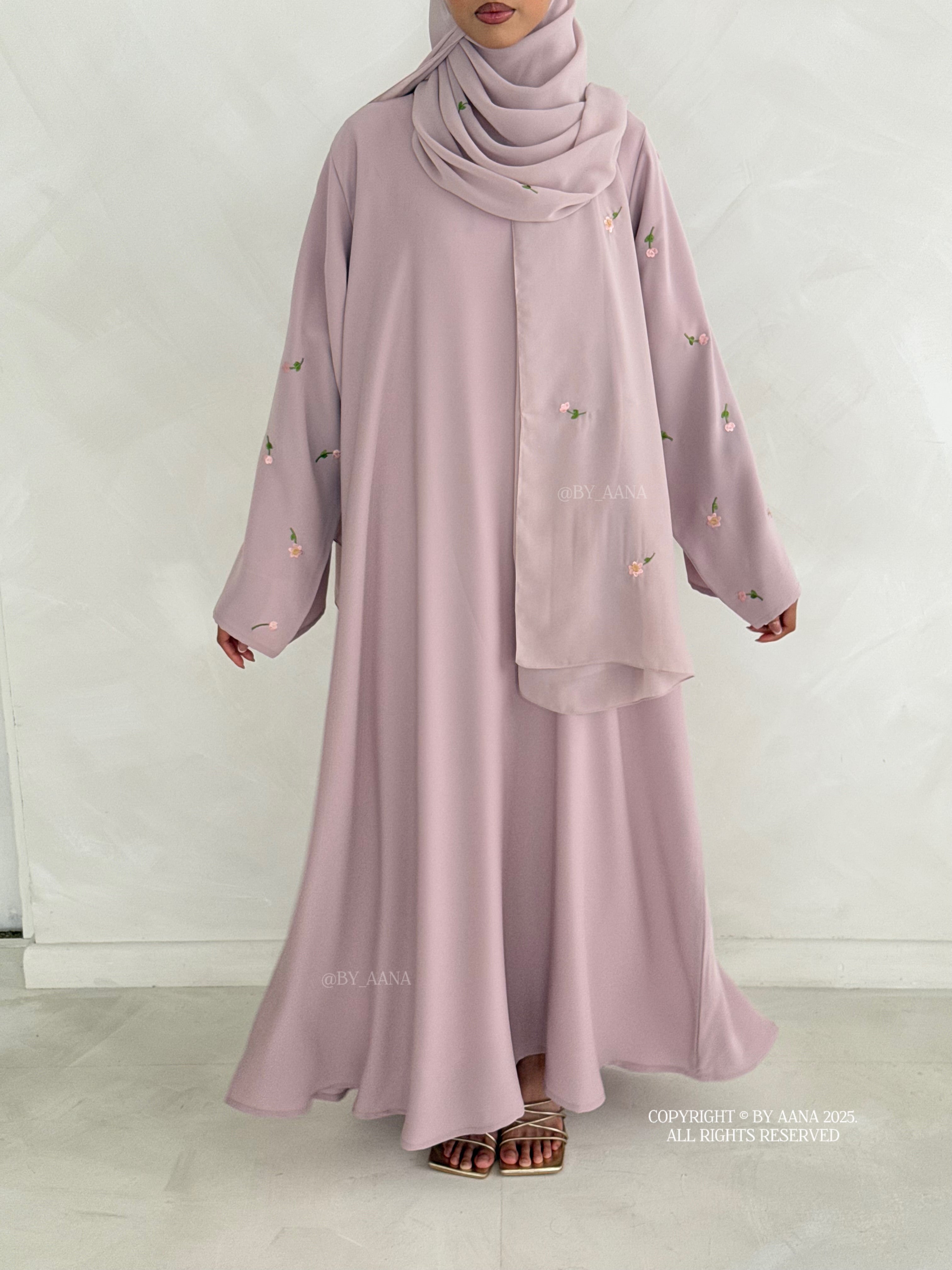 A/C Flower & Tulip Closed Abaya with Maxi Hijab- Mauve Pink