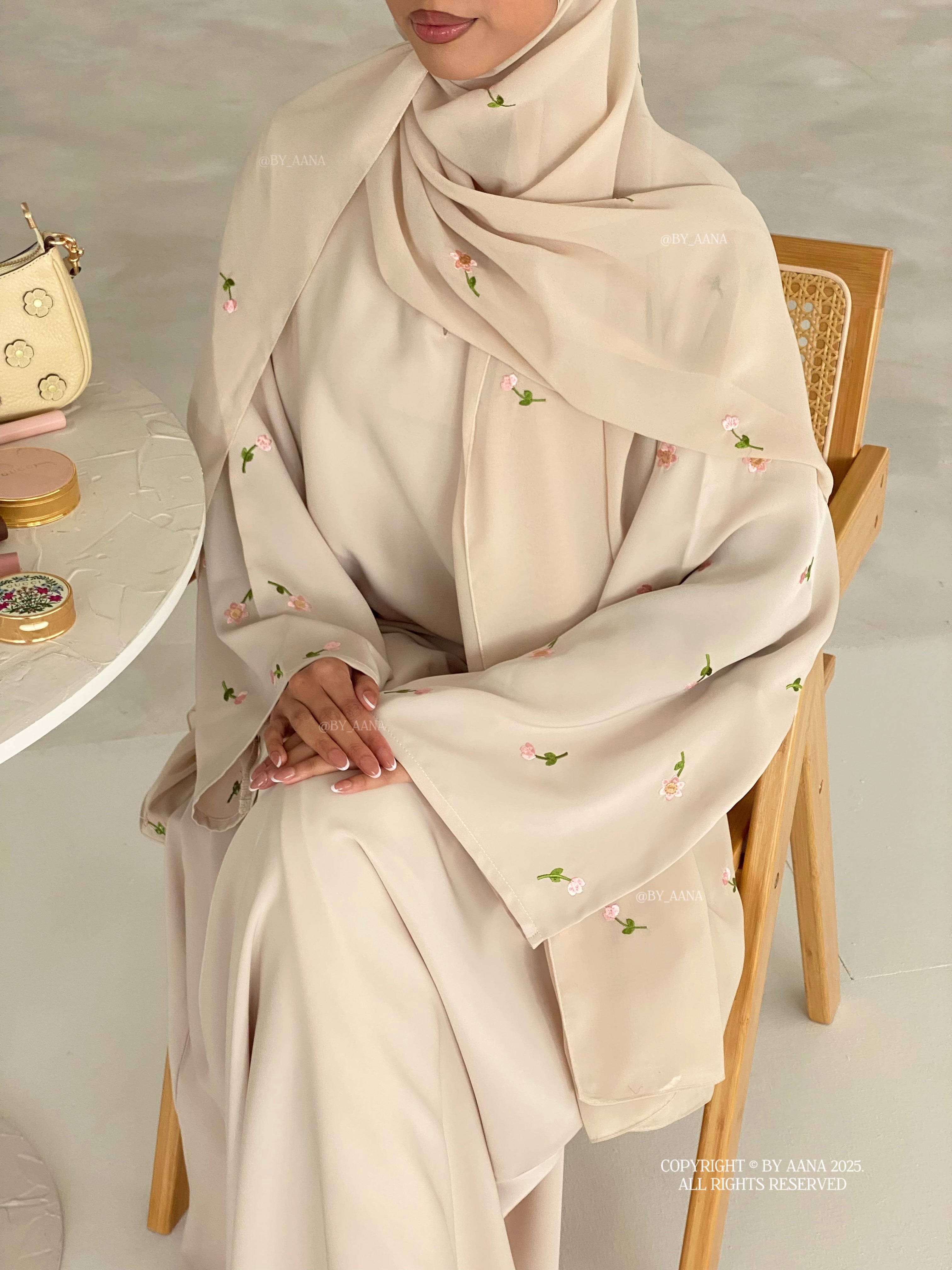 A/C Flower & Tulip Closed Abaya with Maxi Hijab- Butter Cream