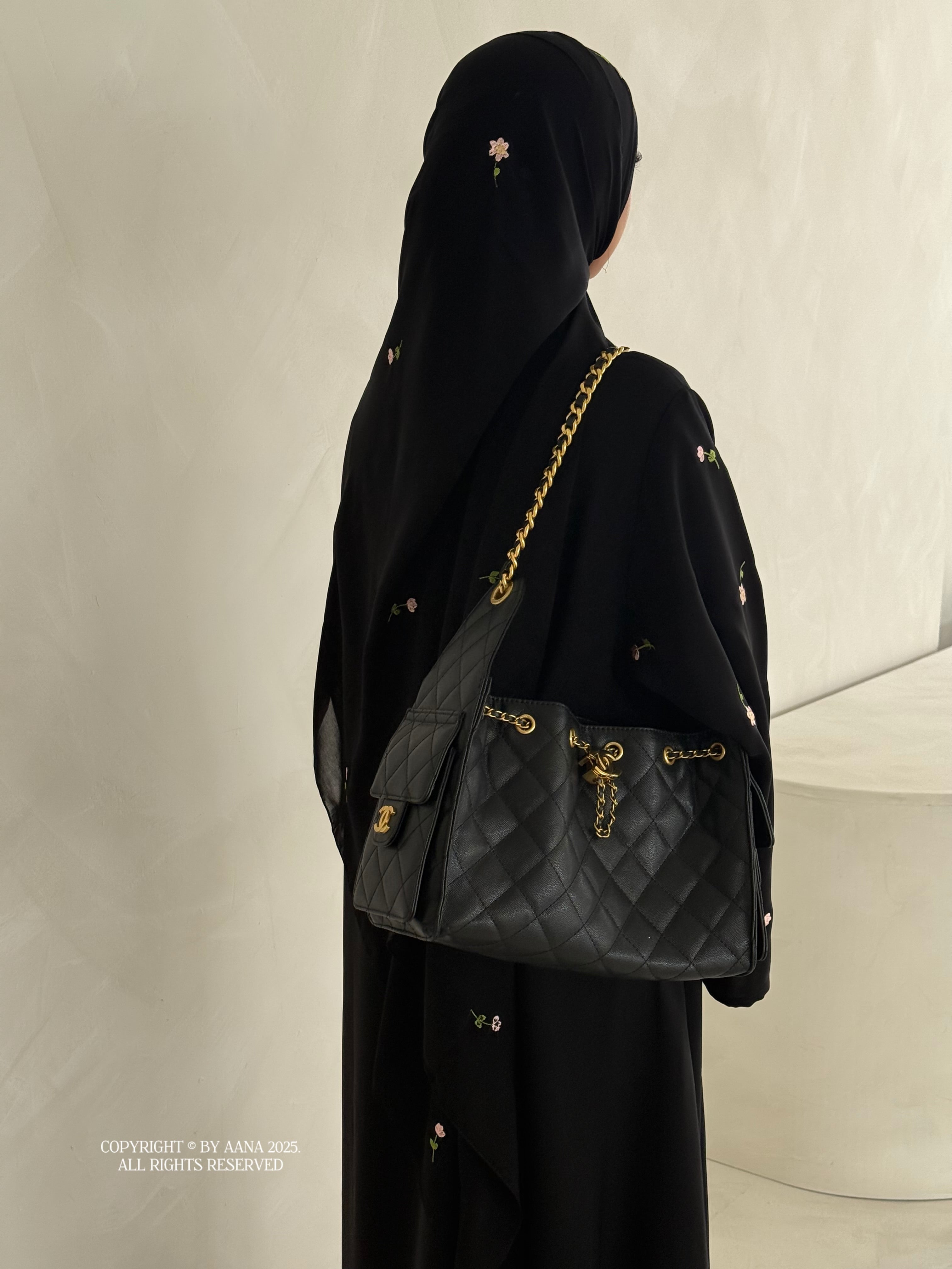 A/C Flower & Tulip Closed Abaya with Maxi Hijab- Black
