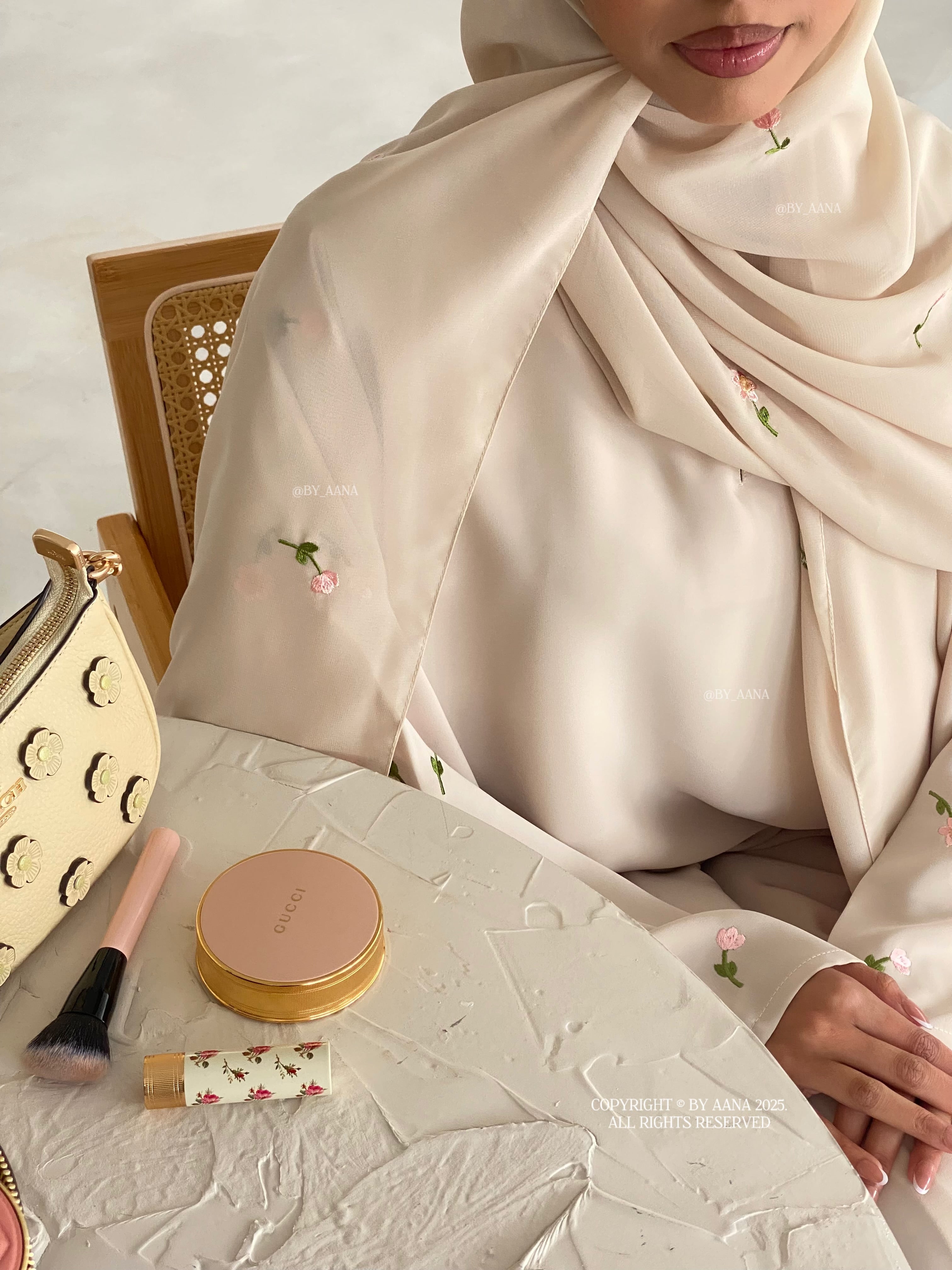 A/C Flower & Tulip Closed Abaya with Maxi Hijab- Butter Cream