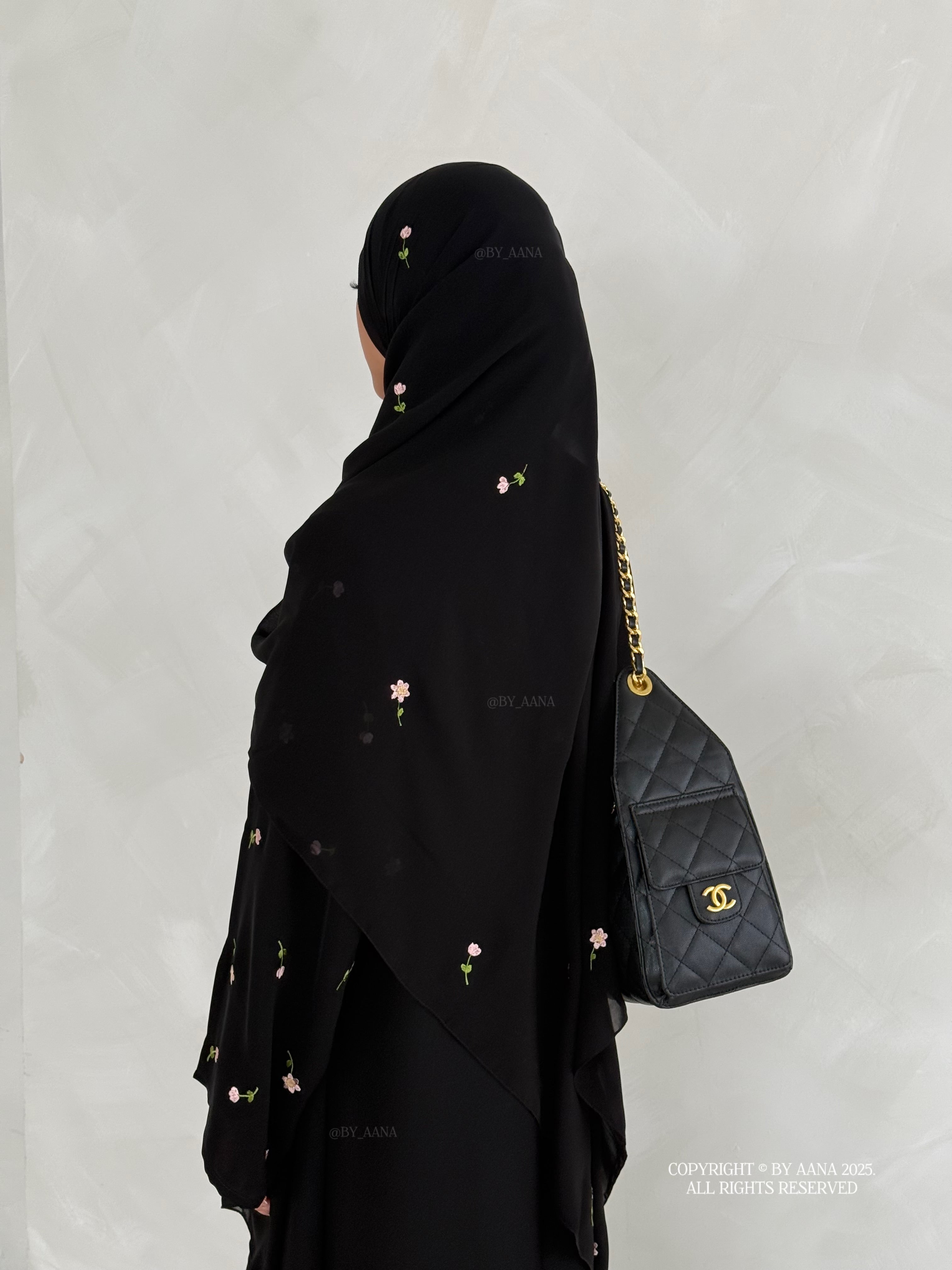 A/C Flower & Tulip Closed Abaya with Maxi Hijab- Black