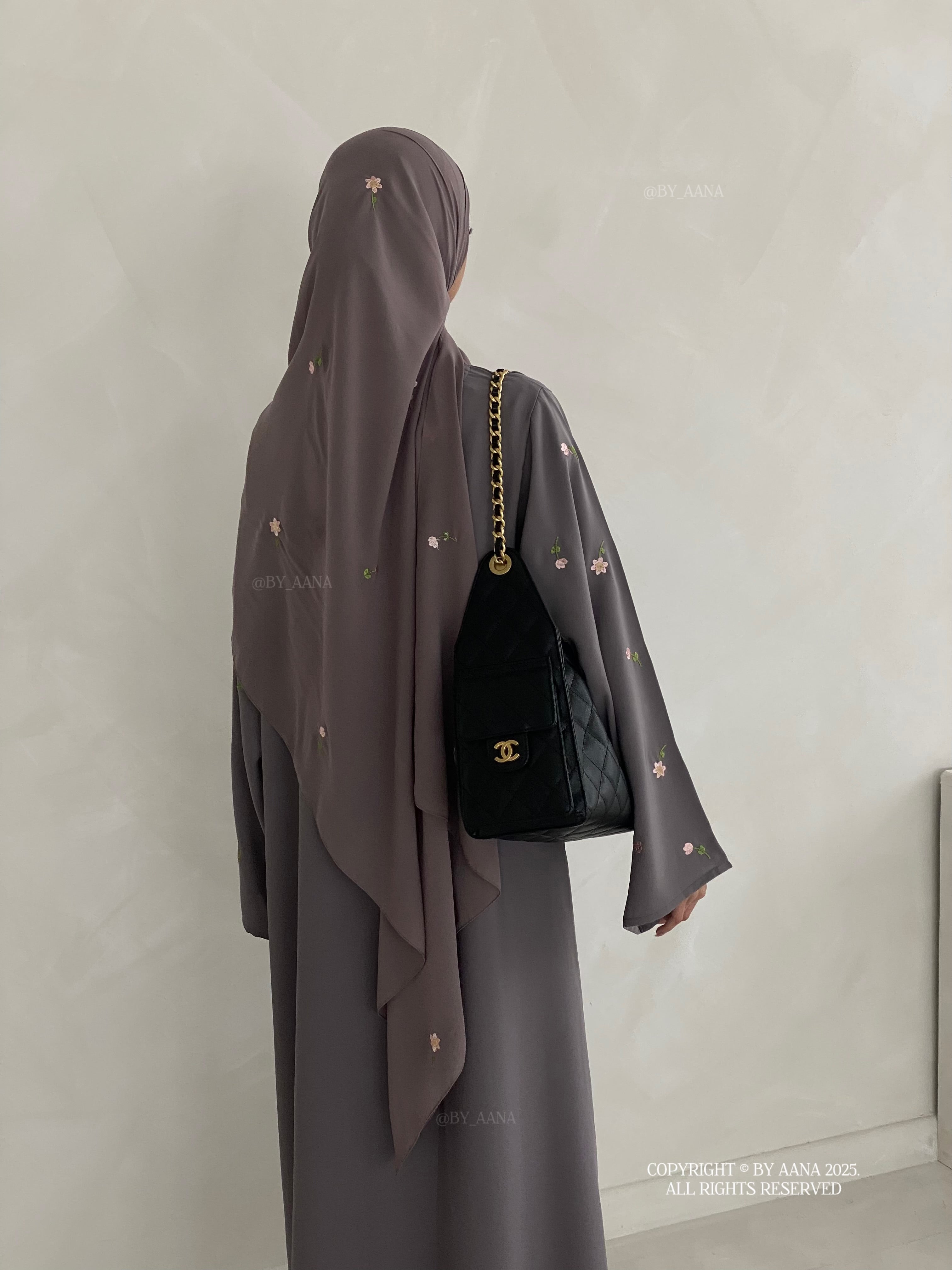 A/C Flower & Tulip Closed Abaya with Maxi Hijab- Storm Grey