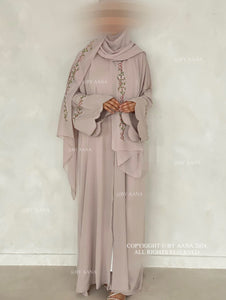 Rosette Abaya with Maxi Hijab-Greige