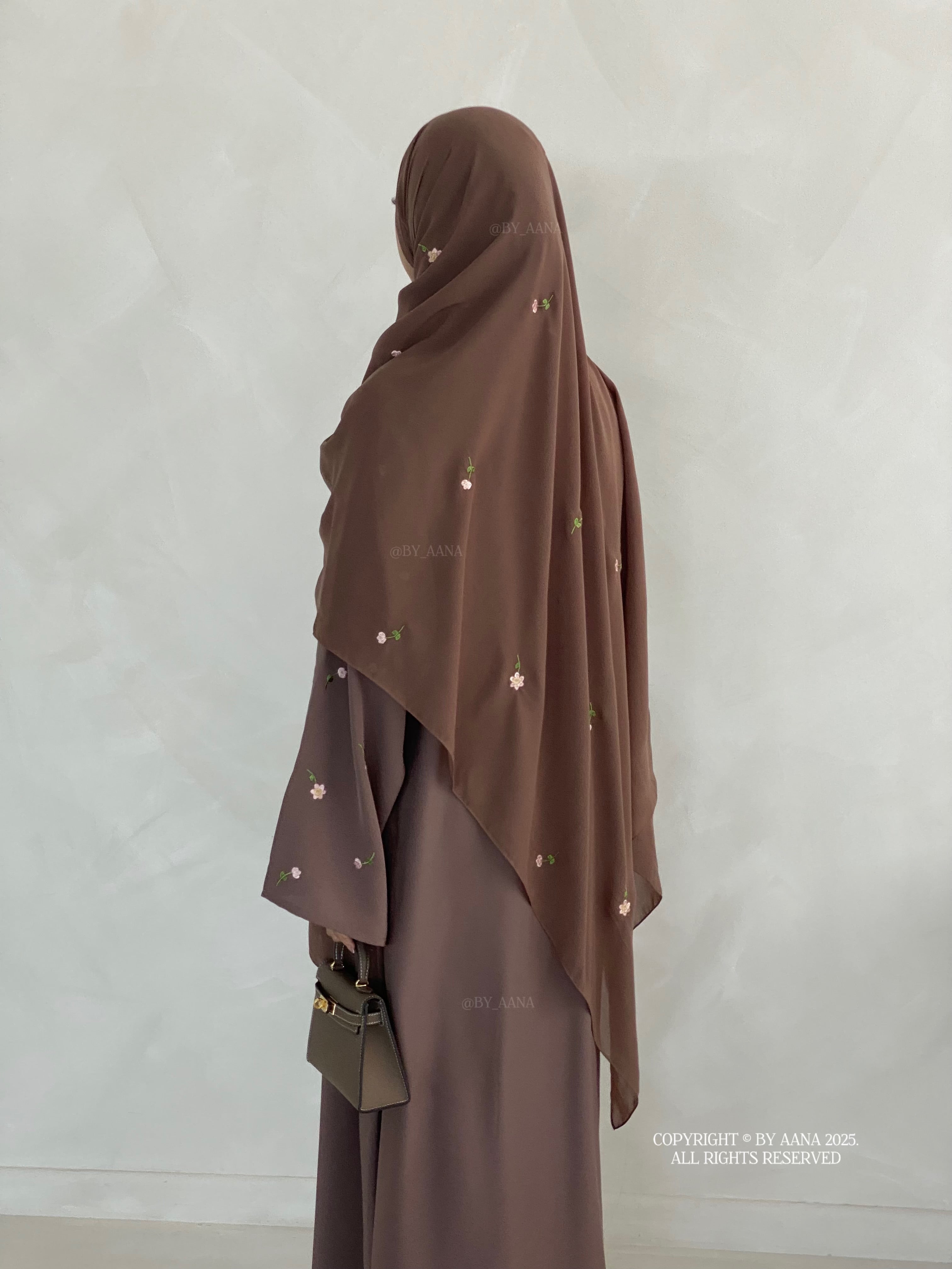A/C Flower & Tulip Closed Abaya with Maxi Hijab- Mocha Brown