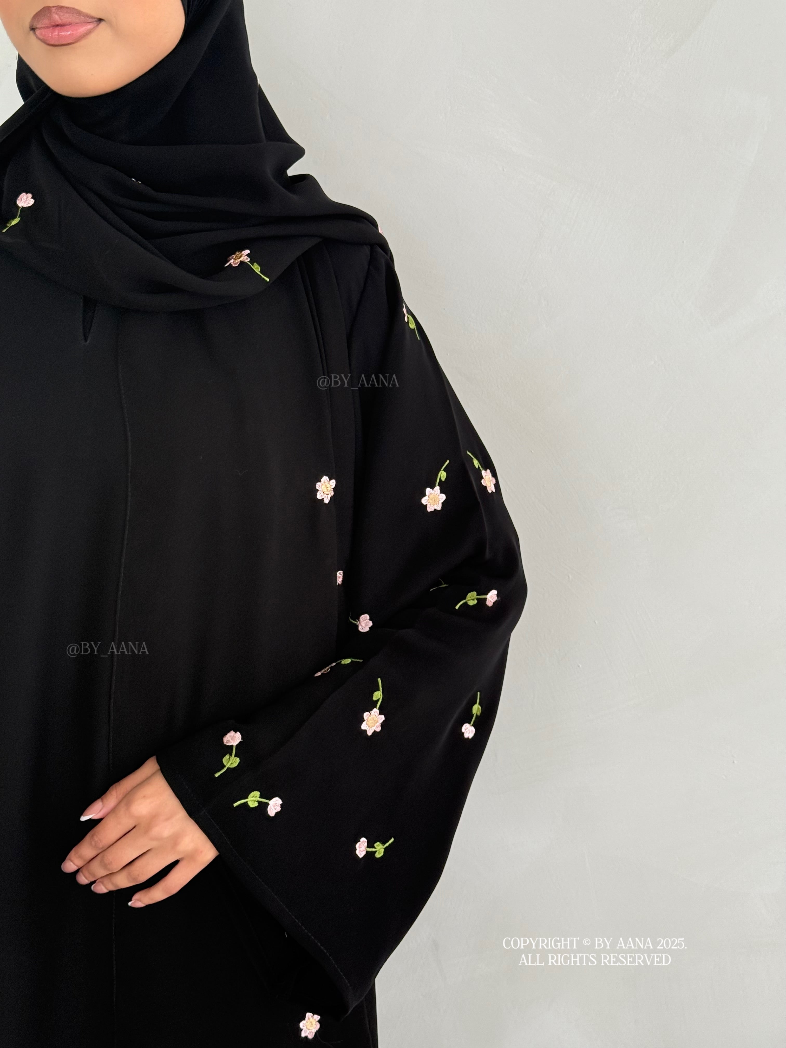 A/C Flower & Tulip Closed Abaya with Maxi Hijab- Black