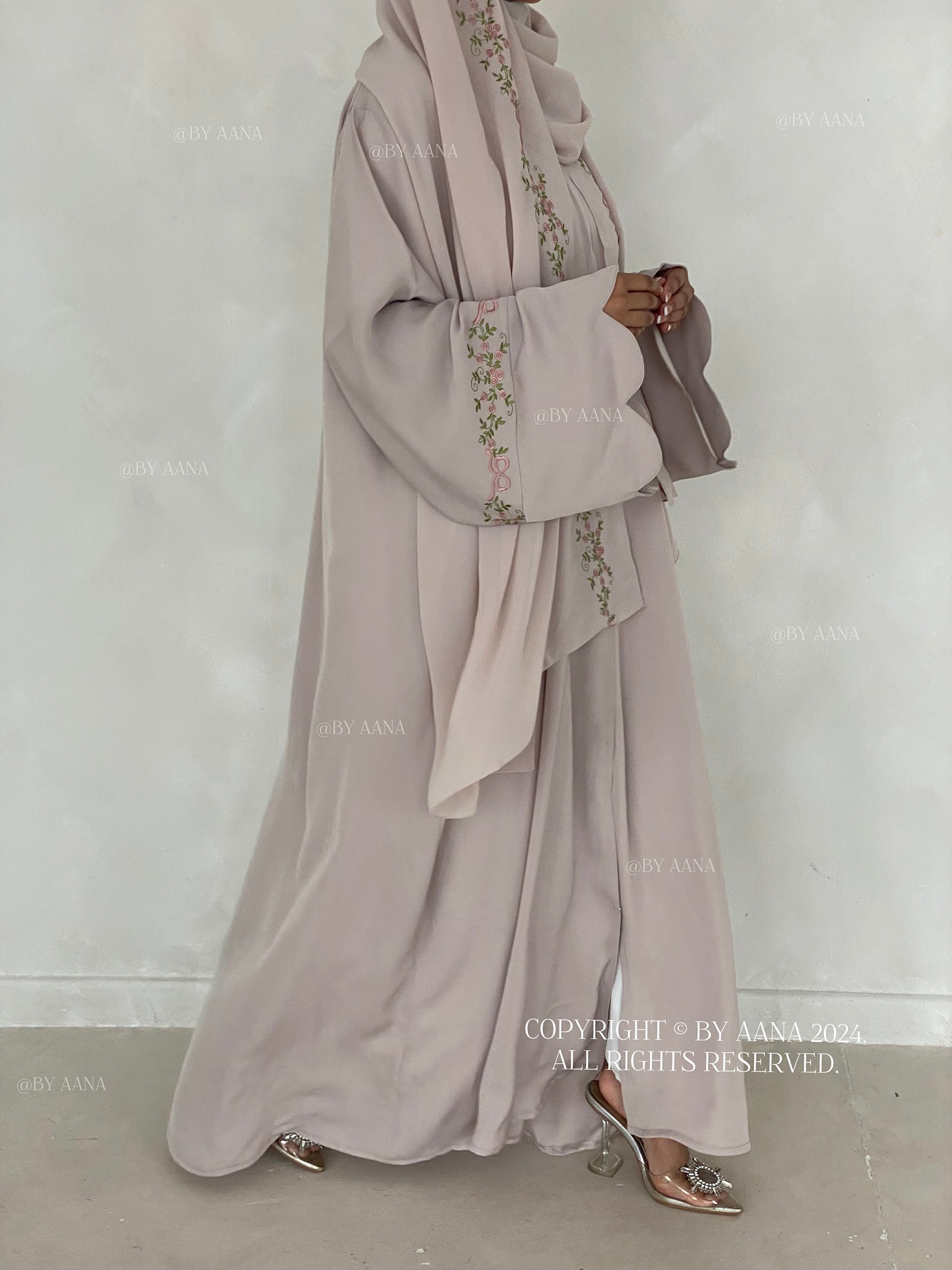 Rosette Abaya with Maxi Hijab-Greige