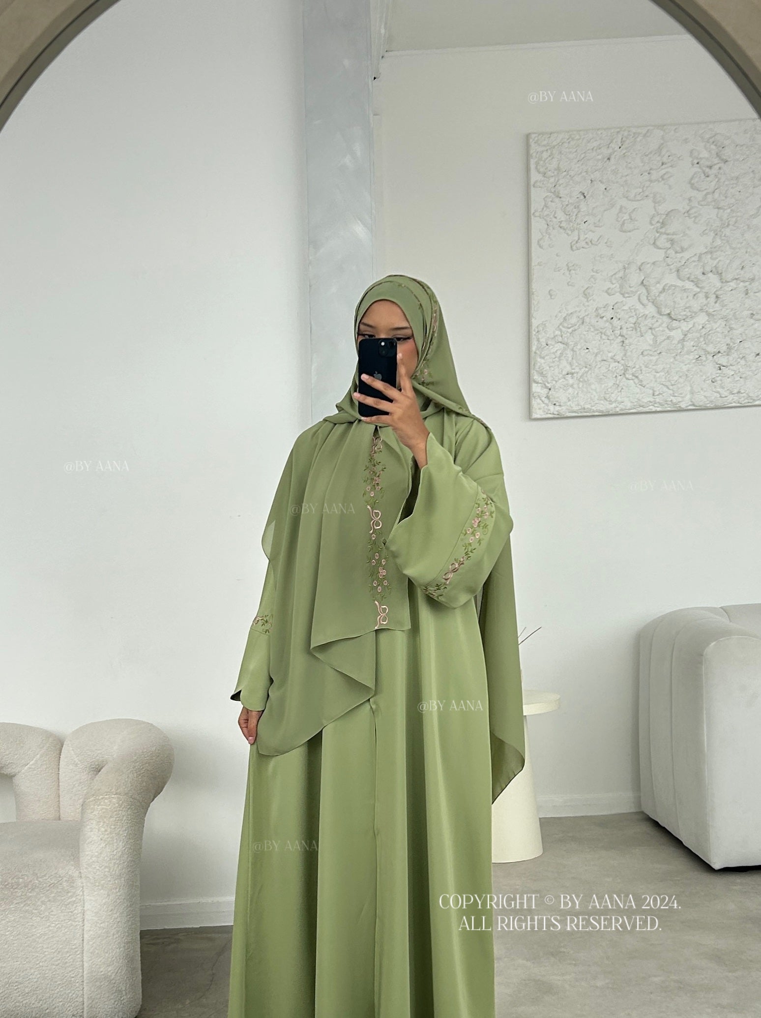 Rosette Abaya with Maxi Hijab- Pistachio