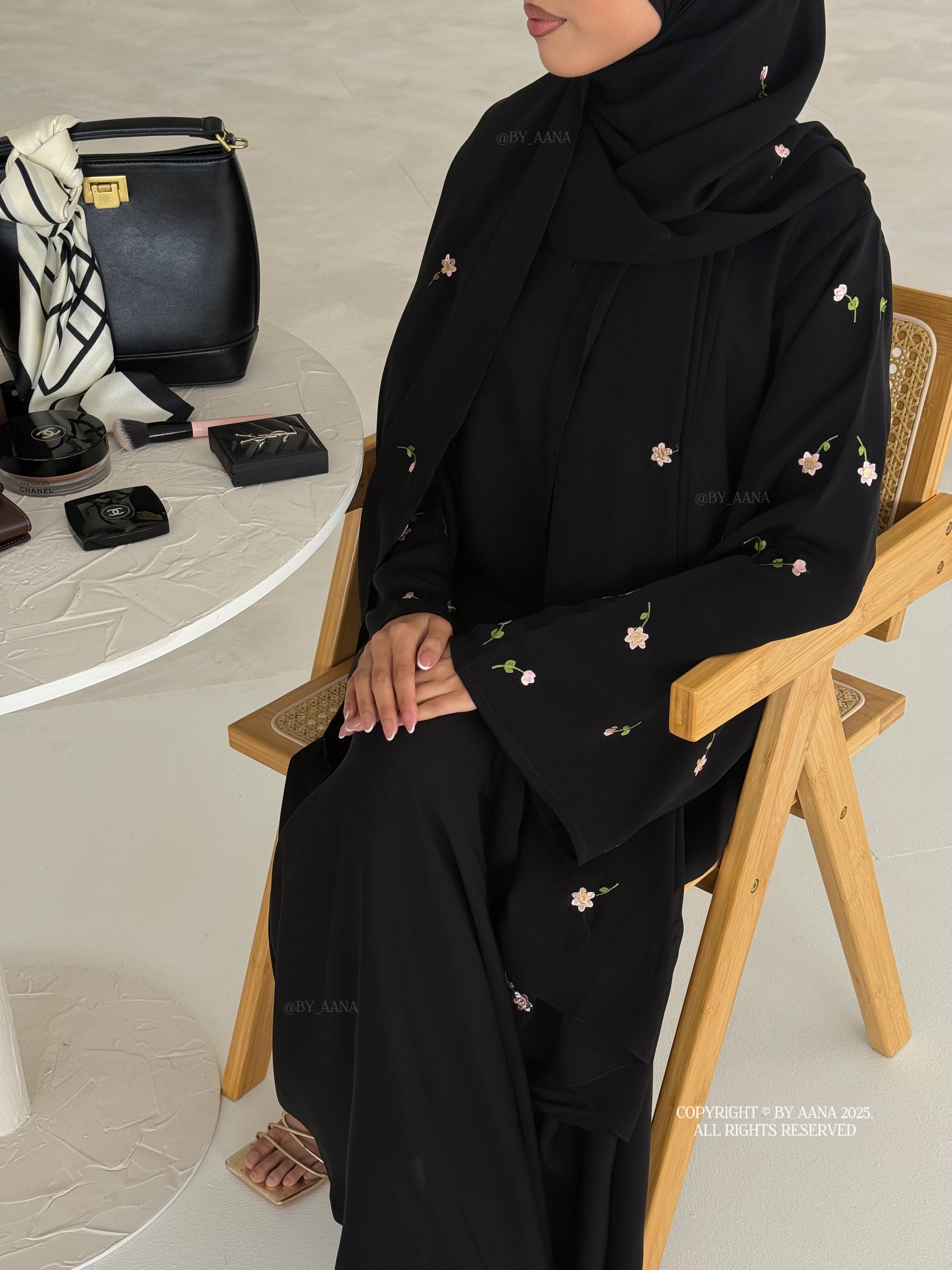 A/C Flower & Tulip Closed Abaya with Maxi Hijab- Black