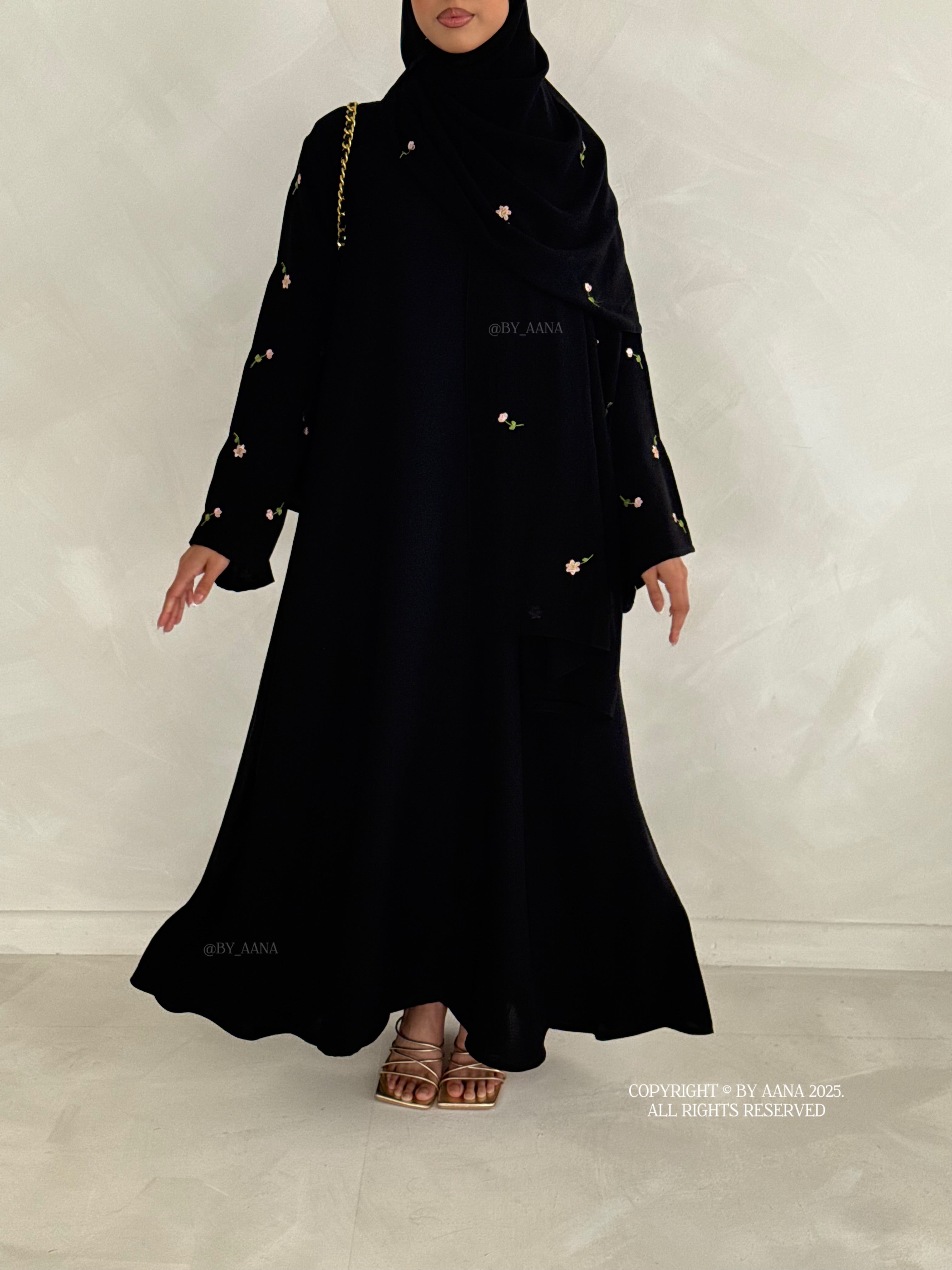 A/C Flower & Tulip Closed Abaya with Maxi Hijab- Black