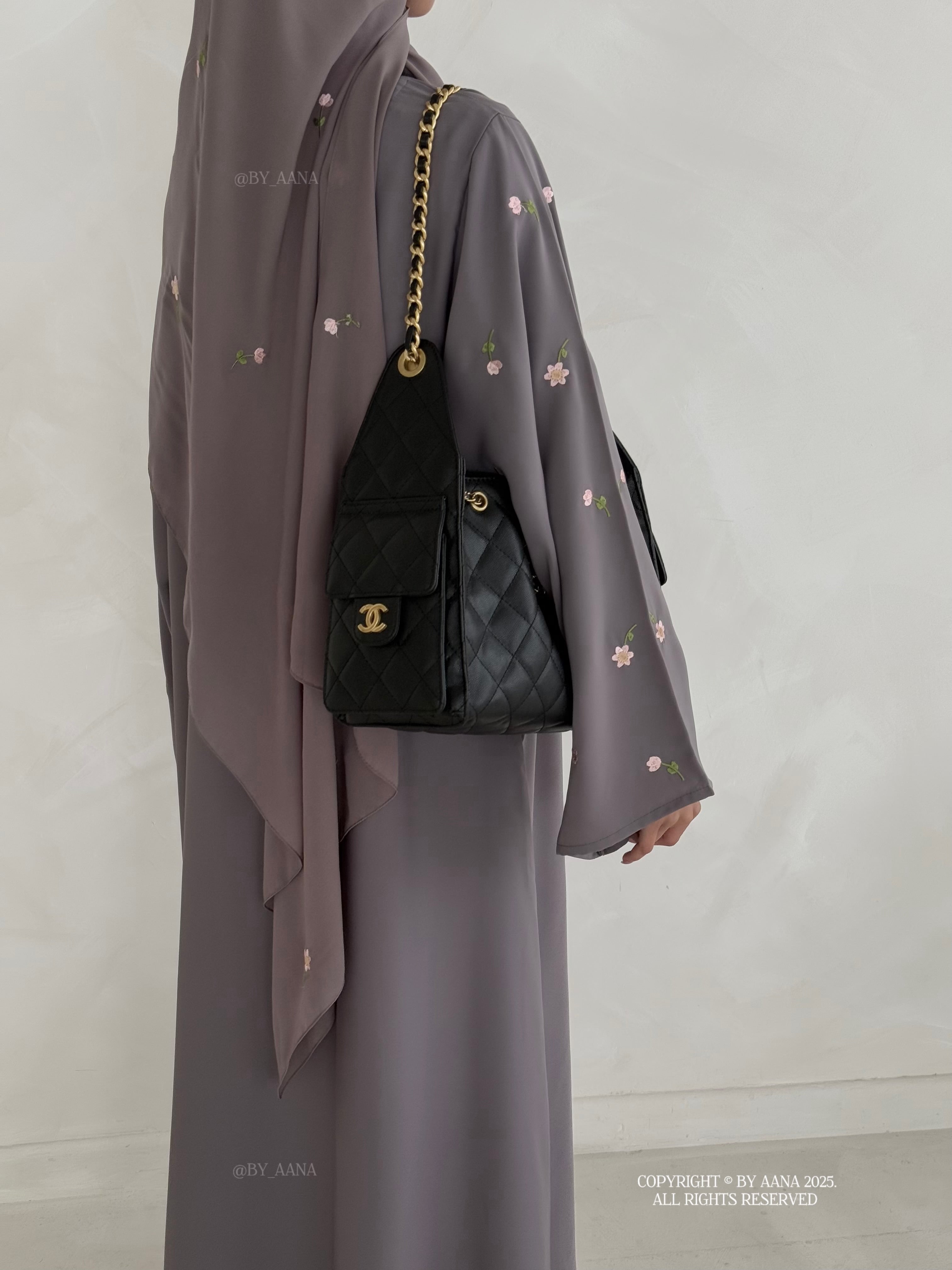 A/C Flower & Tulip Closed Abaya with Maxi Hijab- Storm Grey