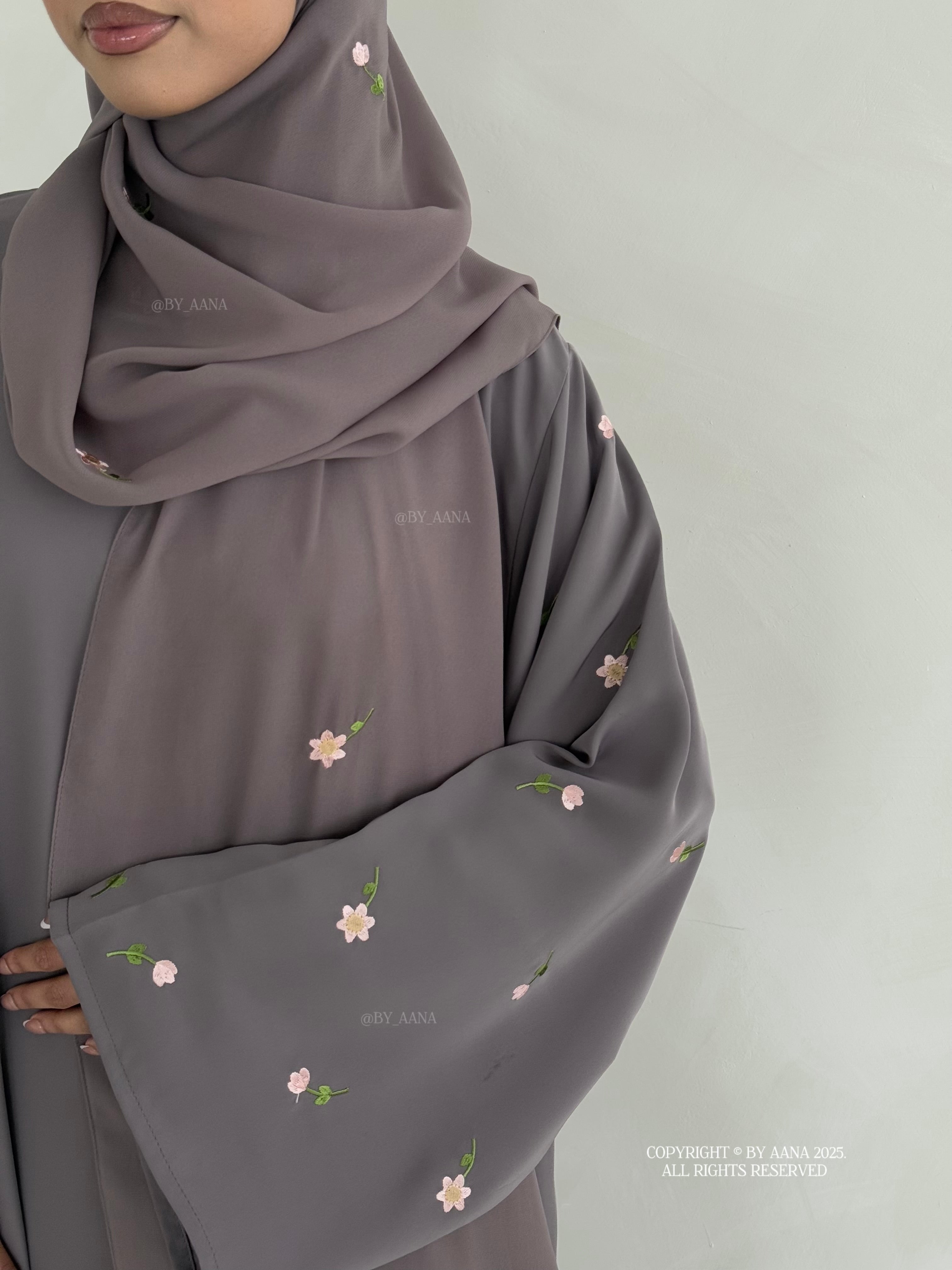 A/C Flower & Tulip Closed Abaya with Maxi Hijab- Storm Grey