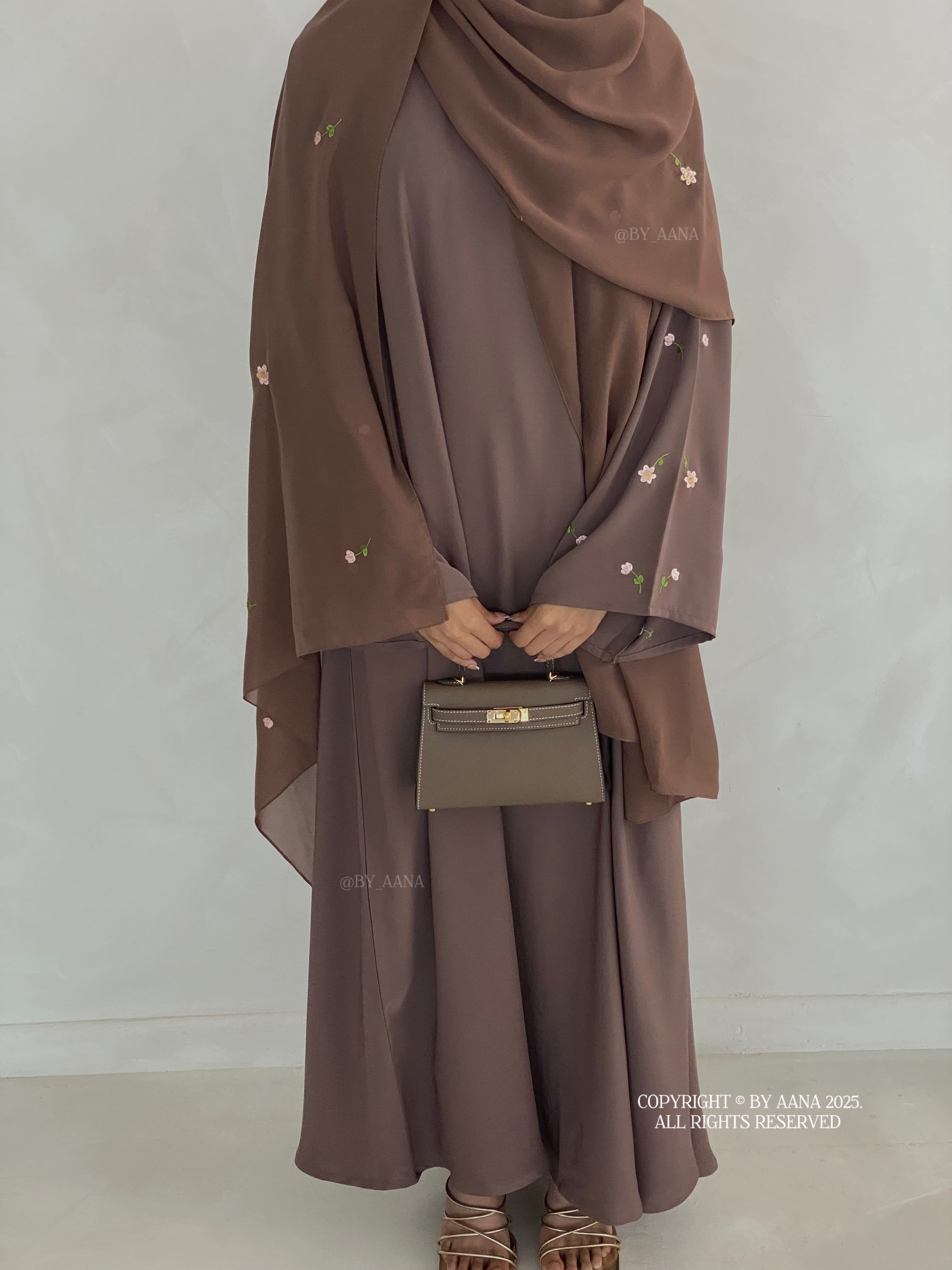 A/C Flower & Tulip Closed Abaya with Maxi Hijab- Mocha Brown