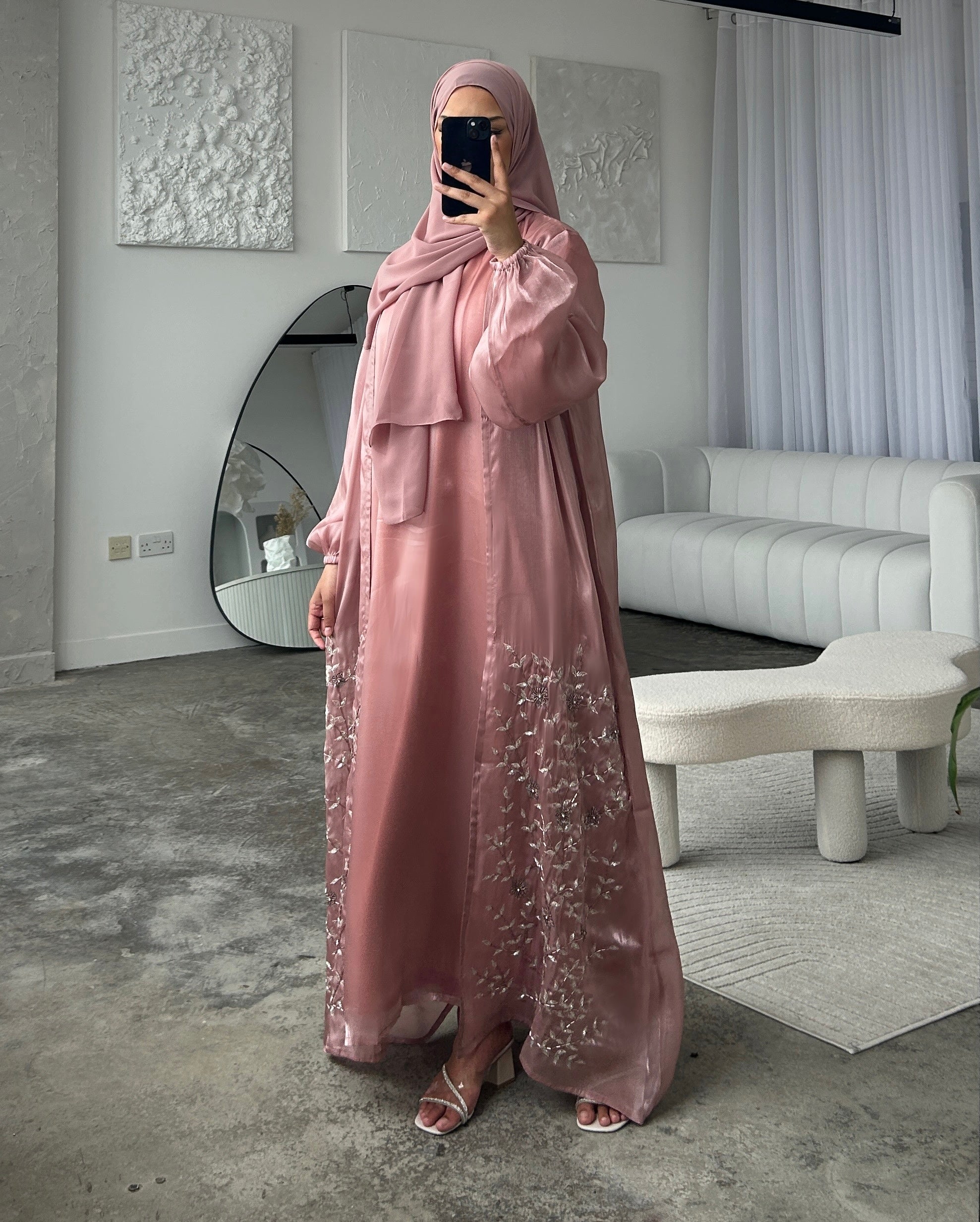 Jasmin Abaya 3 Piece Set- Pink Organza