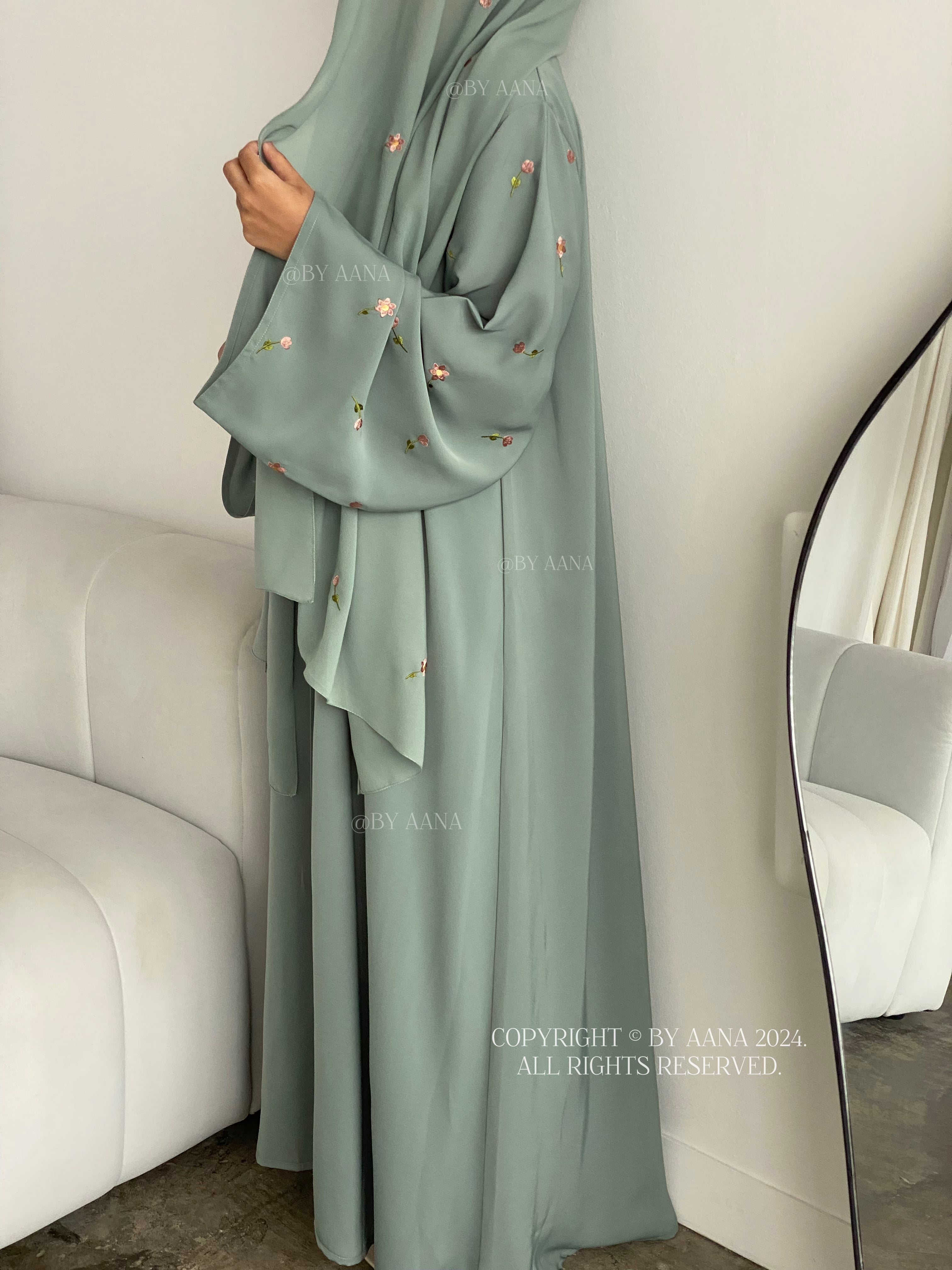 Flower And Tulip Abaya- Aqua