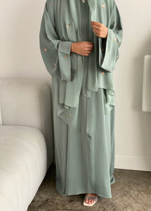 Flower And Tulip Abaya- Aqua